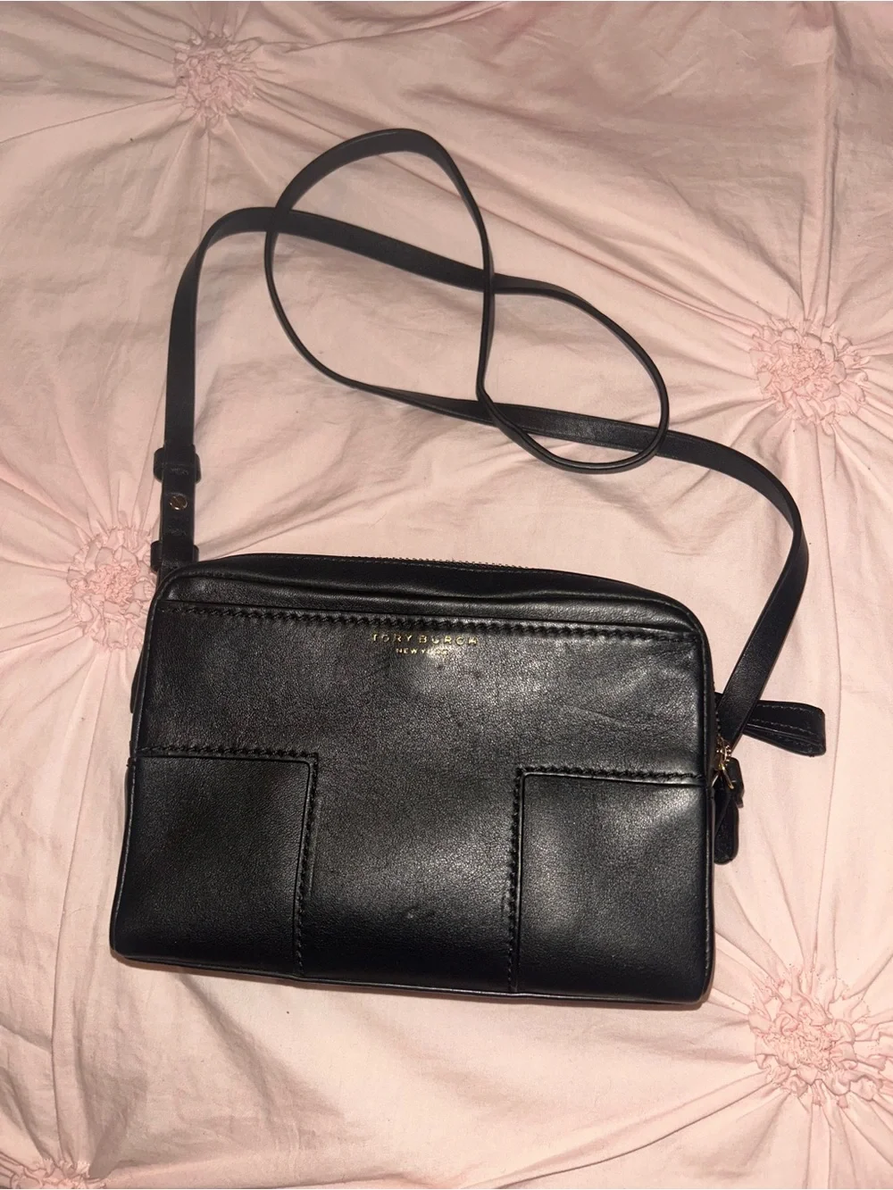Tory Burch Black Leather Slim Crossbody with Gold Logo